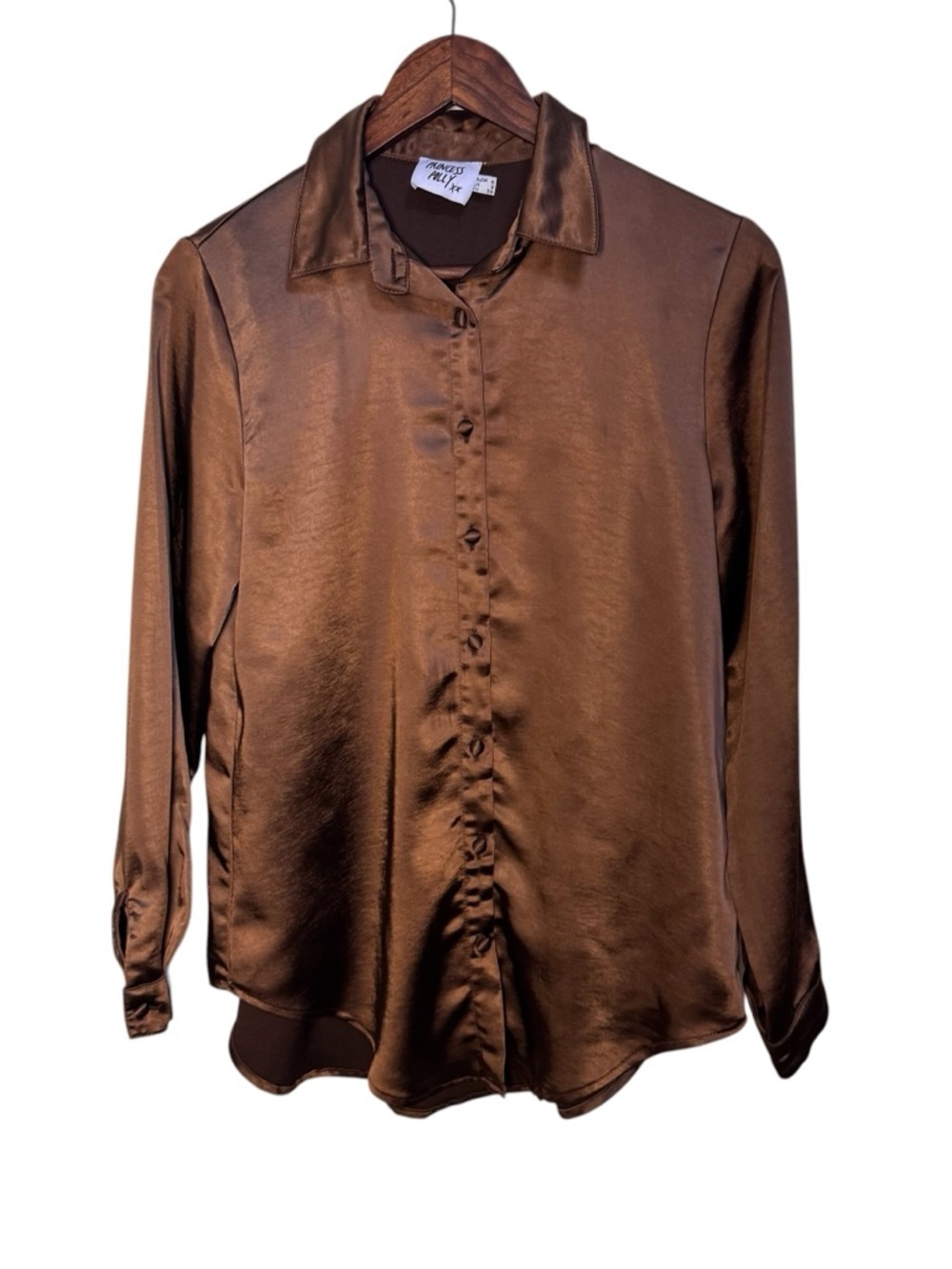 Princess Polly Bronze Satin Long-Sleeve Button Down Shirt Blouse